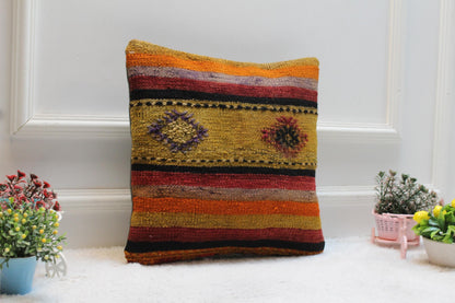 Handmade Kilim Pillow Cover: Upcycled Woven Rug, Rainbow Geometric Design (16x16")