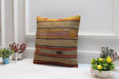 Vintage Kilim Pillow: 16x16 Red Striped Boho Cushion