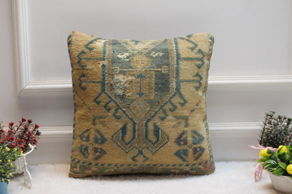 Handmade Turkish Rug Pillow Cover: Blue Beige Anatolian Wool, 16x16