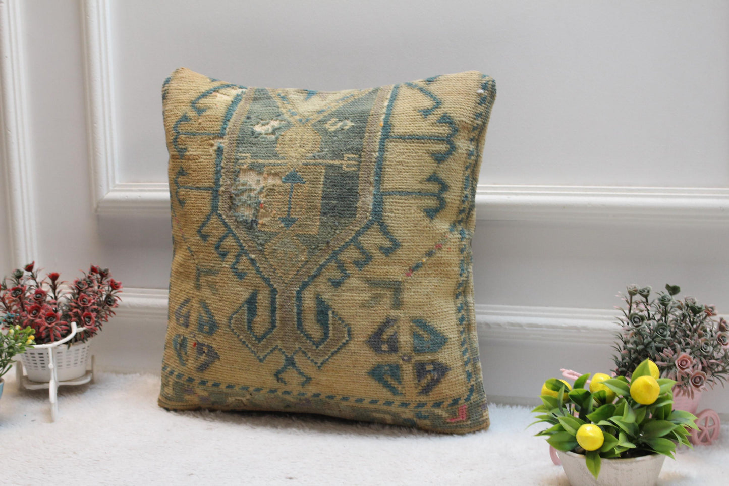 Handmade Turkish Rug Pillow Cover: Blue Beige Anatolian Wool, 16x16