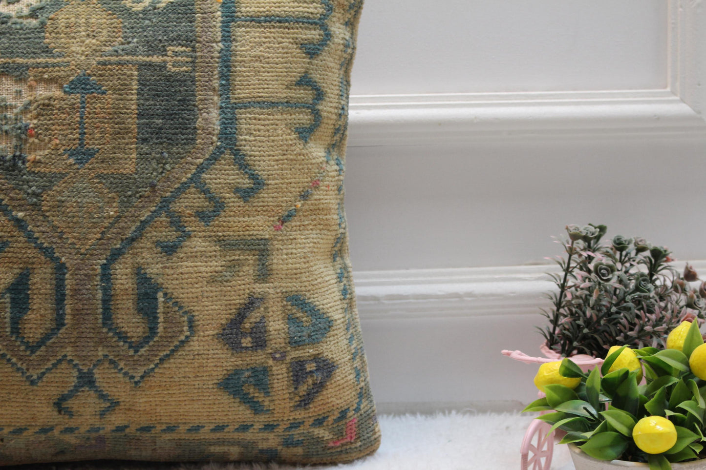 Handmade Turkish Rug Pillow Cover: Blue Beige Anatolian Wool, 16x16