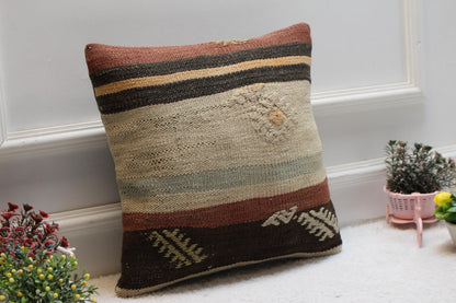 Vintage Kilim Pillow Cover: 16x16 Square Handmade Wool Pillow