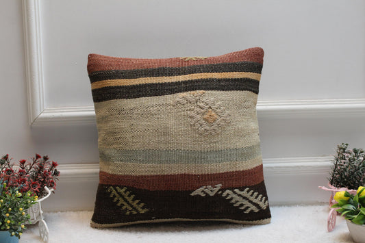Vintage Kilim Pillow Cover: 16x16 Square Handmade Wool Pillow
