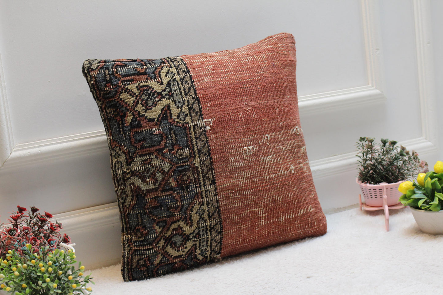 Vintage Turkish Rug Pillow: 16x16 Square Kilim Pillow Cover