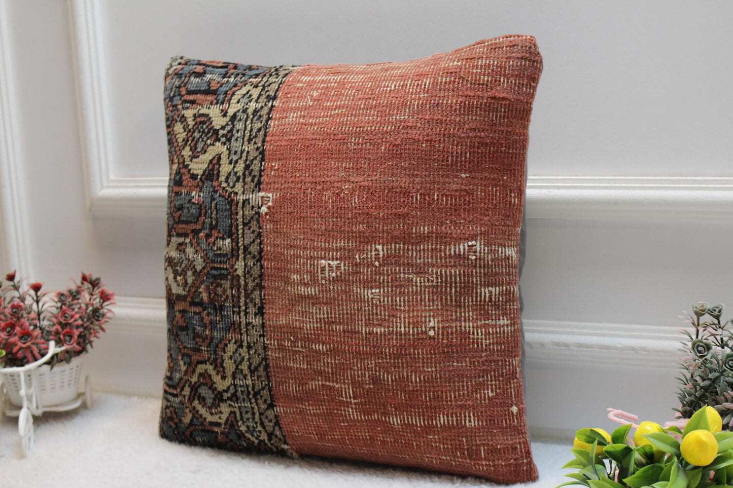 Vintage Turkish Rug Pillow: 16x16 Square Kilim Pillow Cover