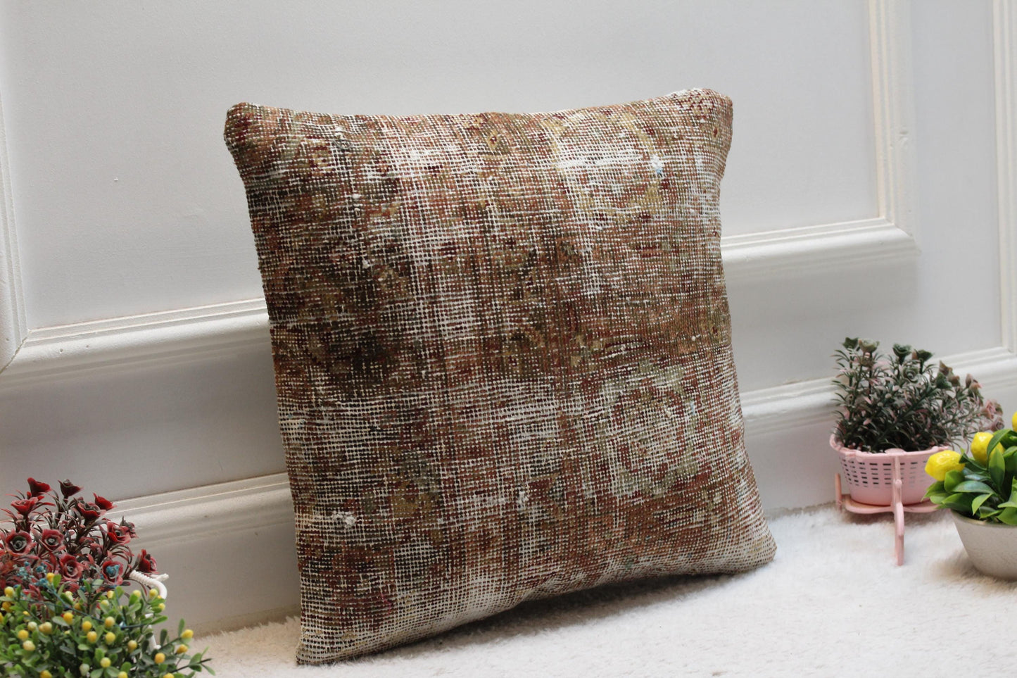 Vintage Turkish Rug Pillow Cover: 16x16 Square Anatolian Kilim Pillow
