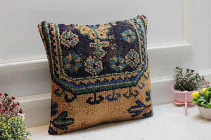 Handmade Turkish Kilim Pillow Cover: Upcycled Woven Rug, Rainbow, 16x16