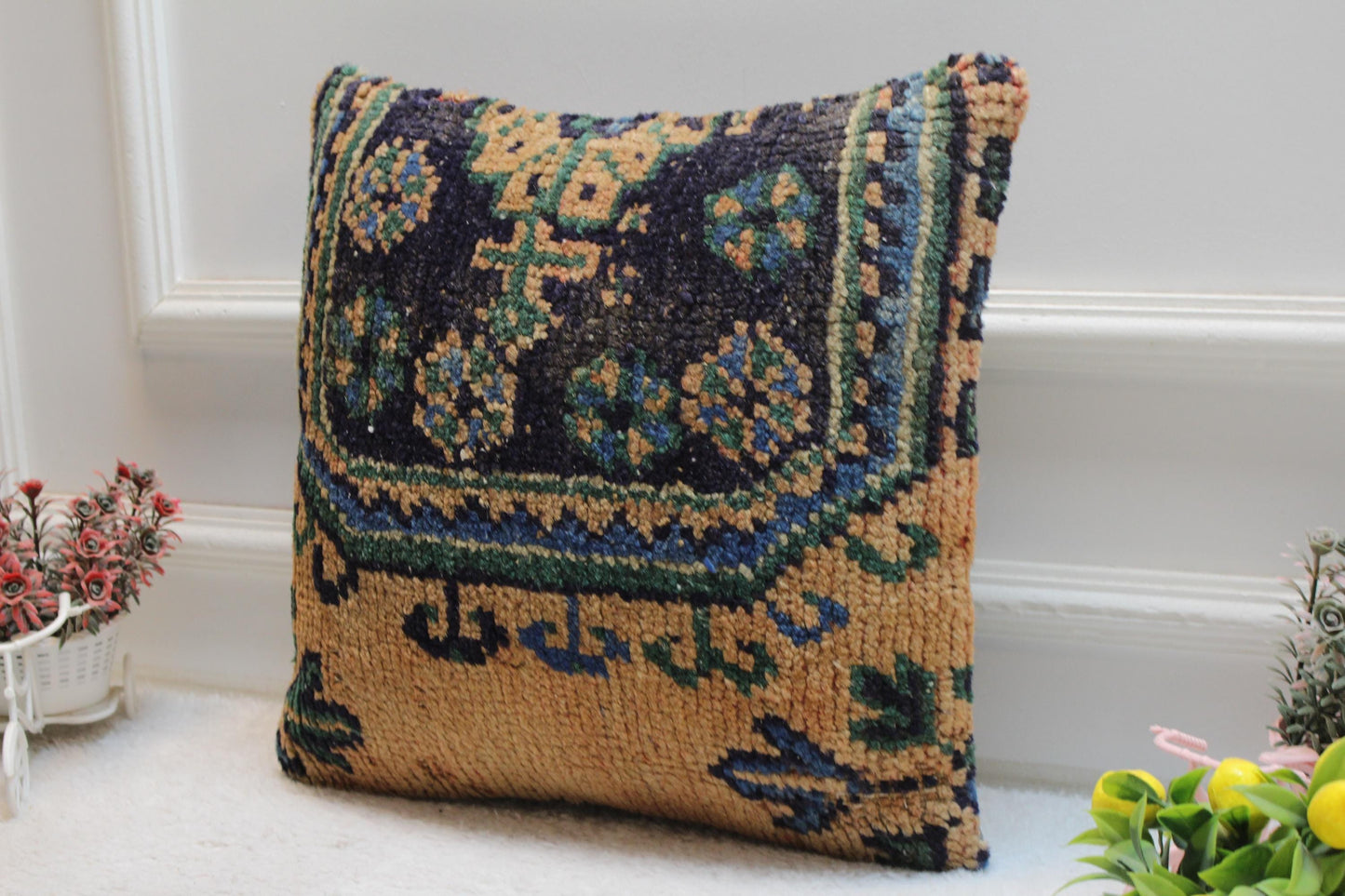 Handmade Turkish Kilim Pillow Cover: Upcycled Woven Rug, Rainbow, 16x16