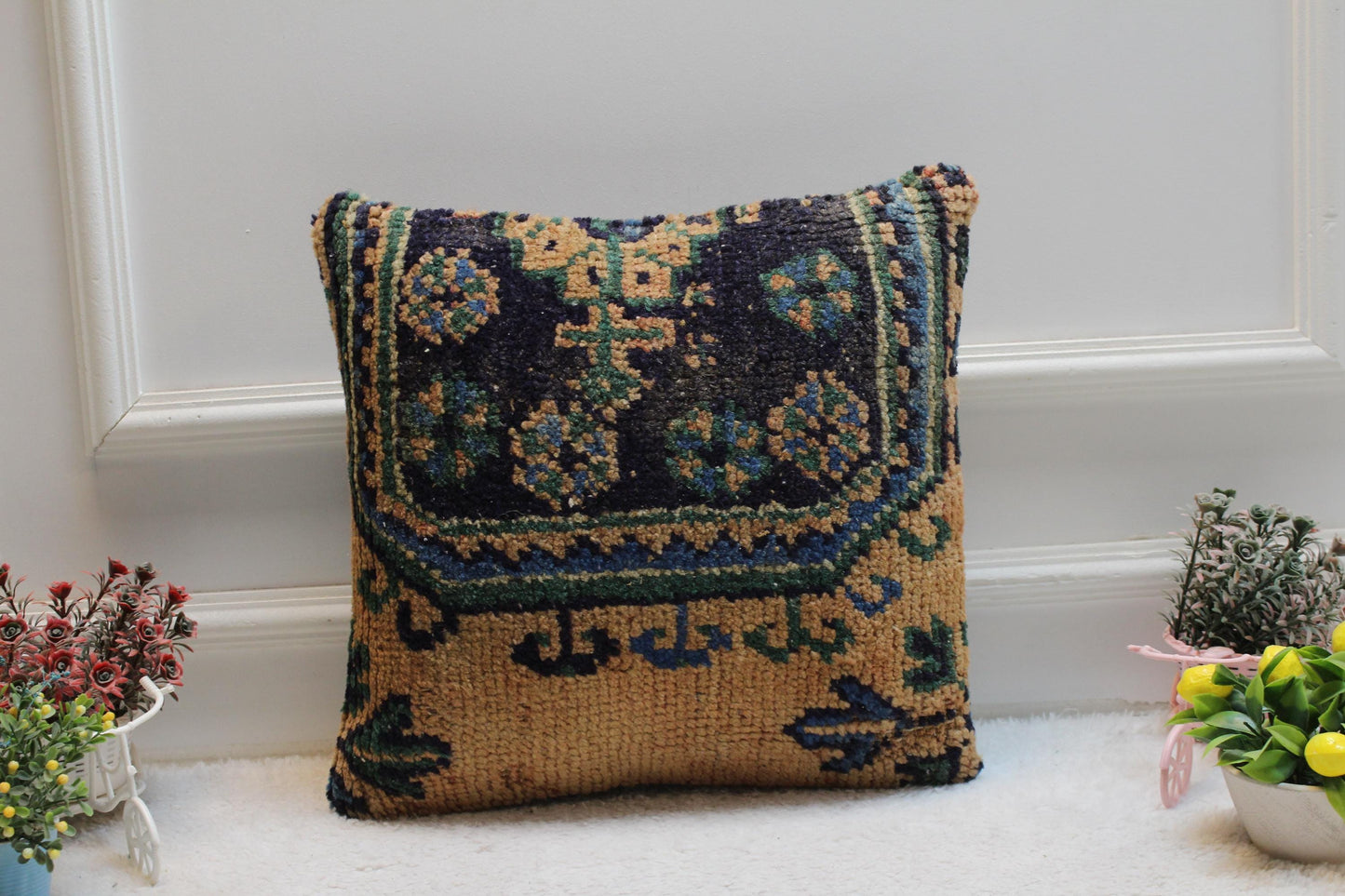 Handmade Turkish Kilim Pillow Cover: Upcycled Woven Rug, Rainbow, 16x16