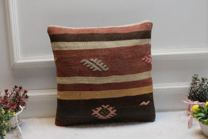 Striped Kilim Pillow Cover: Organic Wool, Handmade 16x16 inch