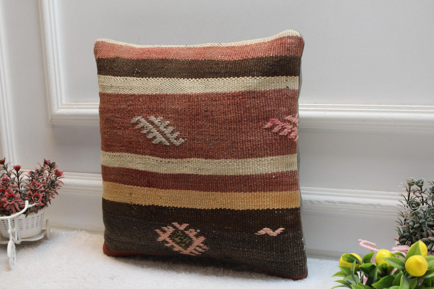 Striped Kilim Pillow Cover: Organic Wool, Handmade 16x16 inch