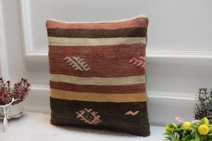 Striped Kilim Pillow Cover: Organic Wool, Handmade 16x16 inch