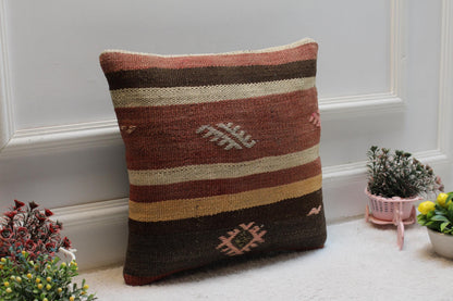 Striped Kilim Pillow Cover: Organic Wool, Handmade 16x16 inch