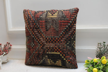 Handmade Kilim Pillow Cover: Upcycled Woven Wool, 16x16 inch