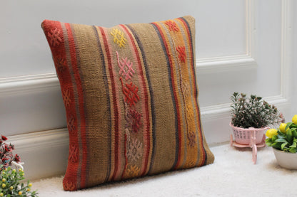 16x16 Square Kilim Pillow Cover: Handmade Turkish Woven Wool