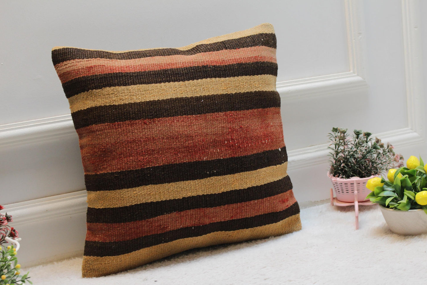 Striped Kilim Pillow Cover: Handmade Ethnic Home Decor (16x16 in)