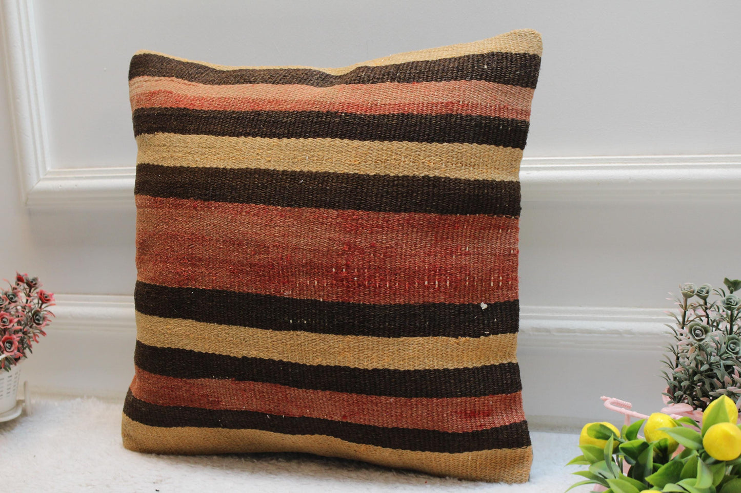 Striped Kilim Pillow Cover: Handmade Ethnic Home Decor (16x16 in)