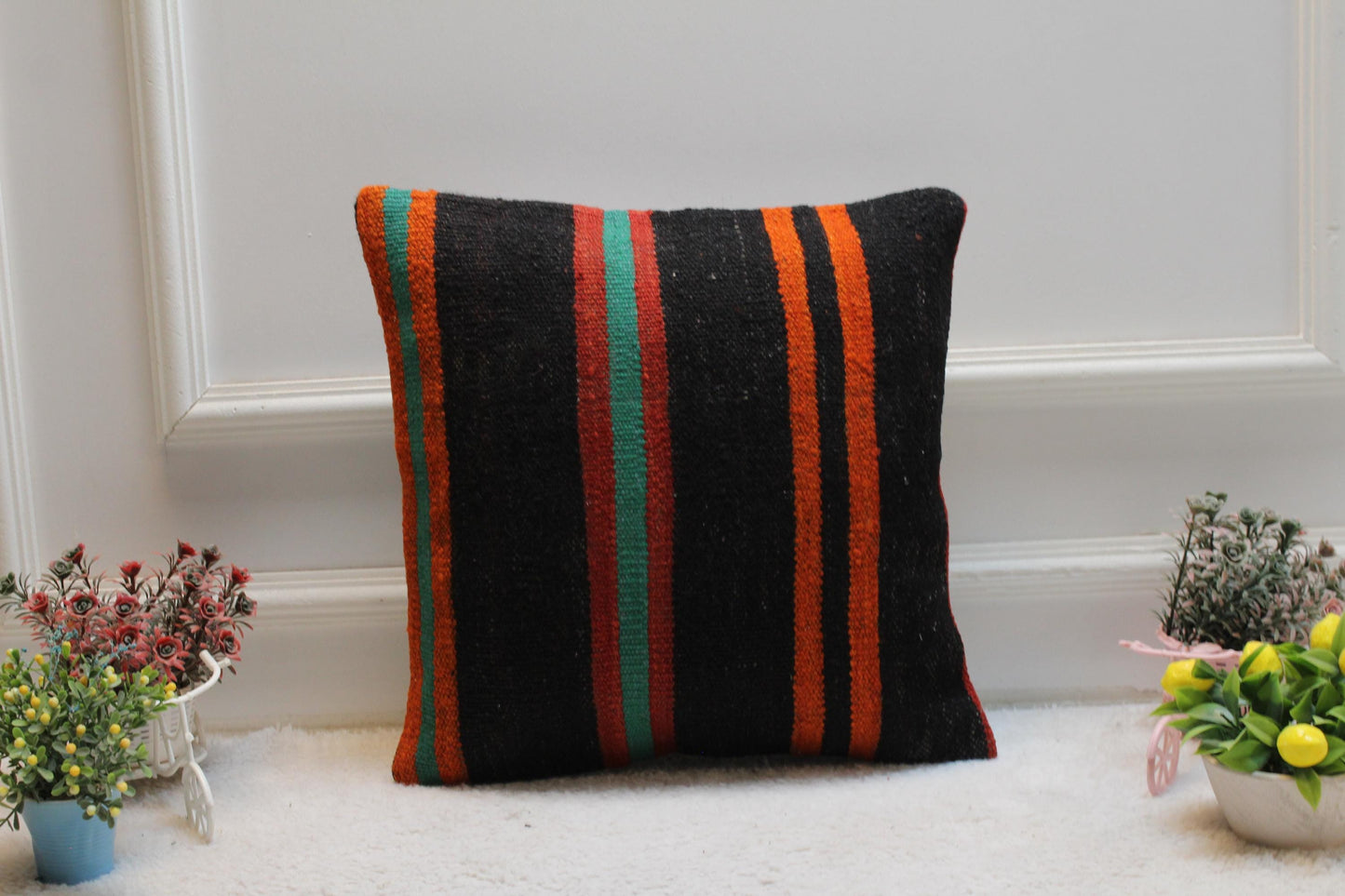 Rainbow Kilim Pillow: 16x16 Handmade Wool Throw Pillow Cover