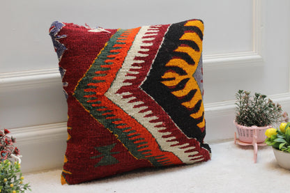 Geometric Kilim Pillow Cover: Handmade Woven Wool, 16x16 inch