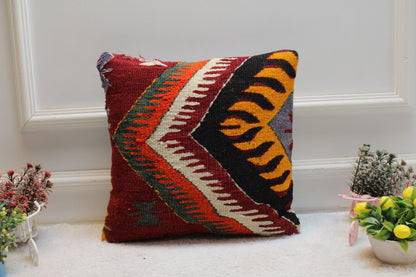 Geometric Kilim Pillow Cover: Handmade Woven Wool, 16x16 inch