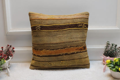 Brown Kilim Pillow Cover: 16x16 Square, Handmade Wool Throw Pillow