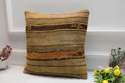 Brown Kilim Pillow Cover: 16x16 Square, Handmade Wool Throw Pillow