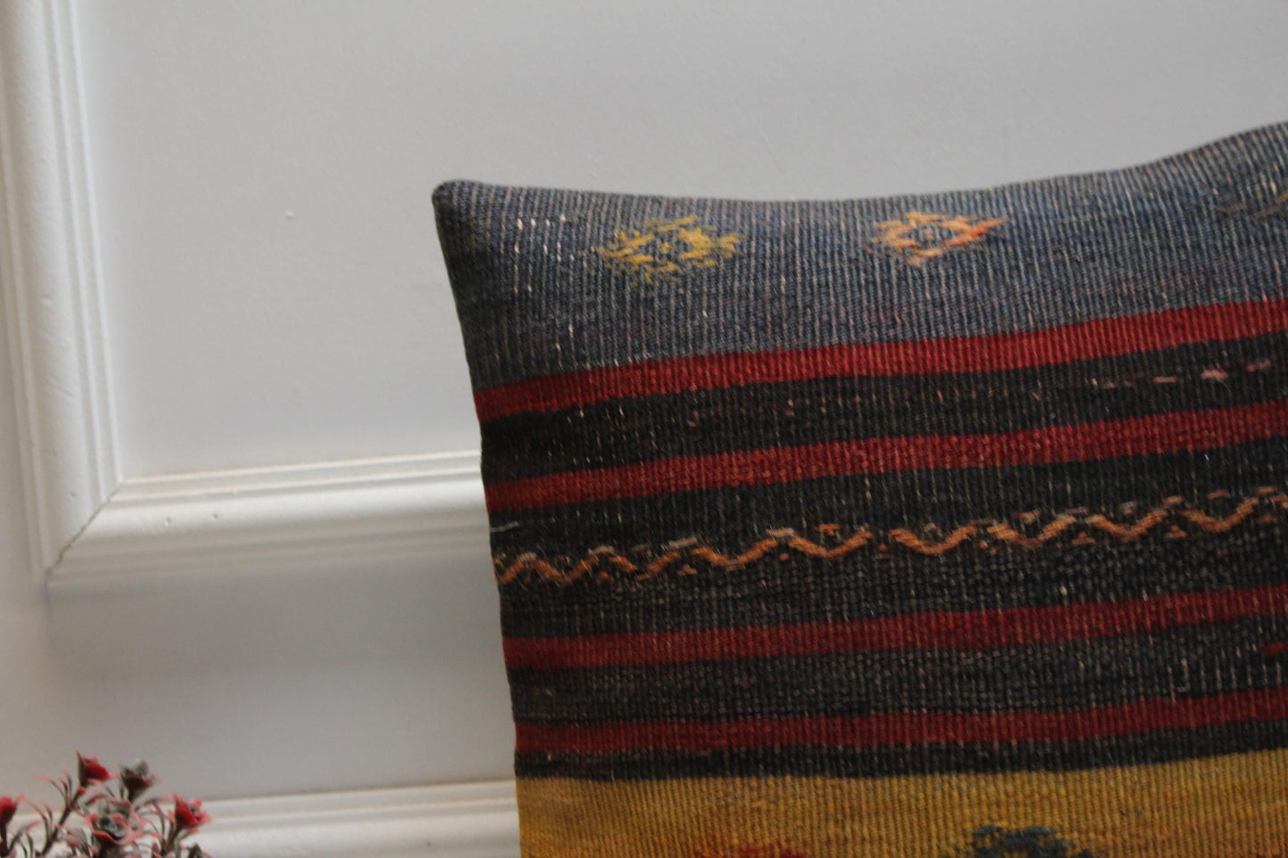 Striped Kilim Pillow Cover: 16x16 Square Turkish Rug, Vintage Wool