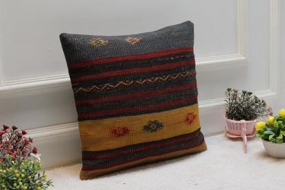 Striped Kilim Pillow Cover: 16x16 Square Turkish Rug, Vintage Wool