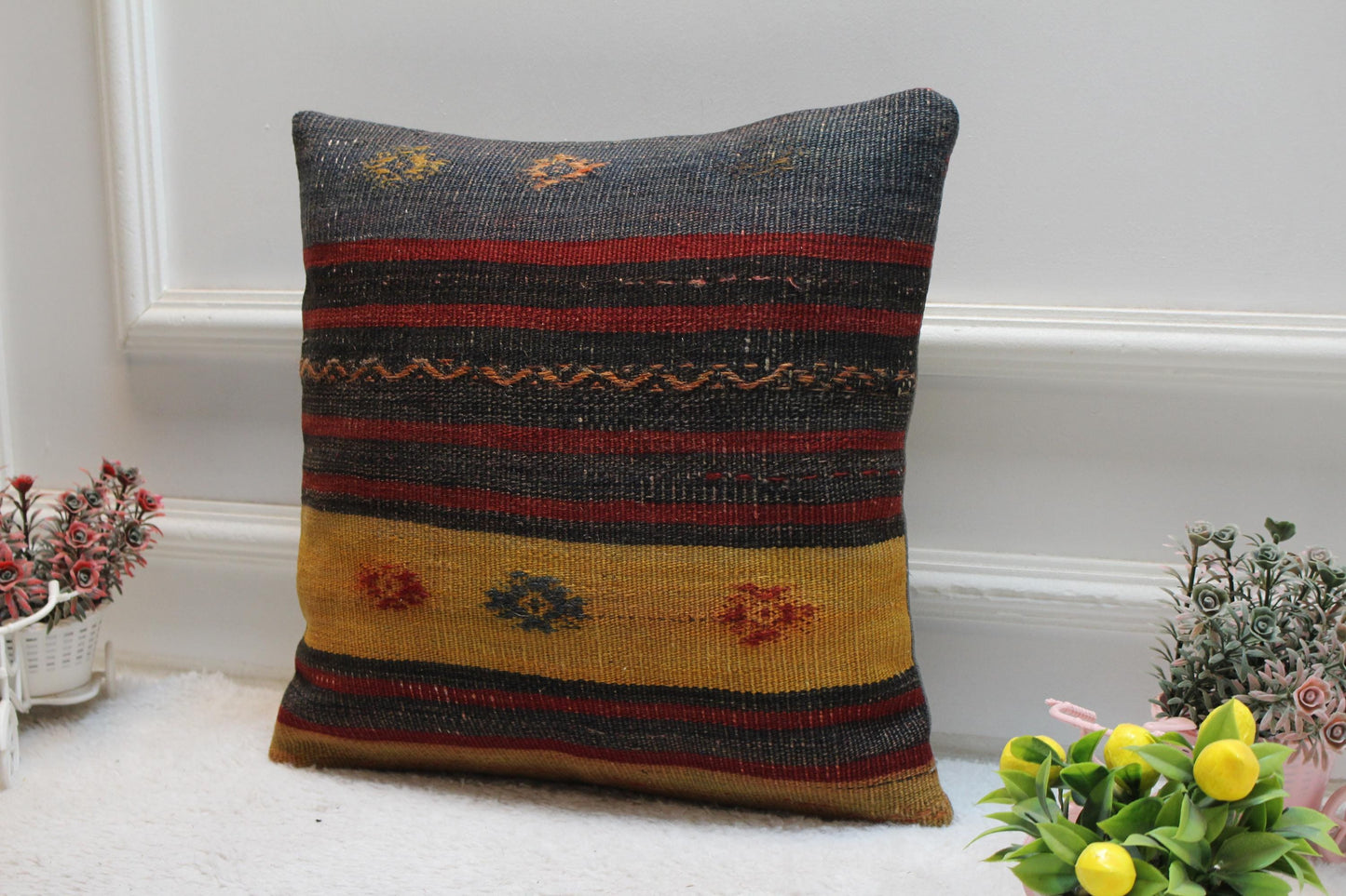 Striped Kilim Pillow Cover: 16x16 Square Turkish Rug, Vintage Wool