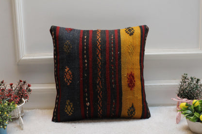 Handmade Kilim Pillow Cover: Organic Wool Boho Decor (16x16 inc)