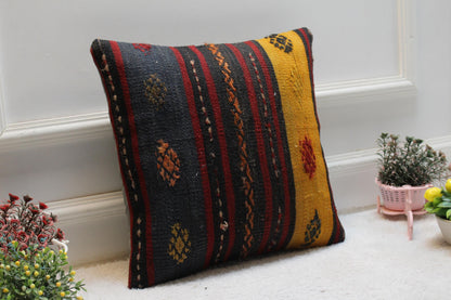Handmade Kilim Pillow Cover: Organic Wool Boho Decor (16x16 inc)