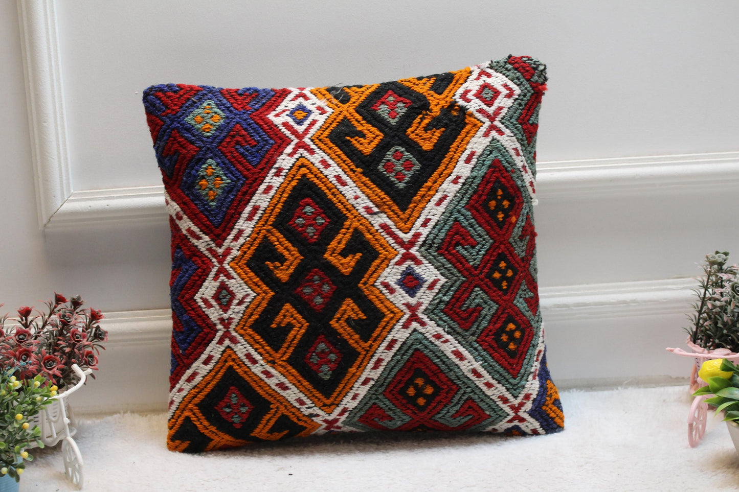 Geometric Kilim Pillow Cover: 16x16 Square, Upcycled Woven Rug