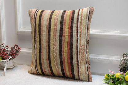Striped Kilim Pillow Cover: Handmade Organic Wool, Boho Decor (16x16 inc.)