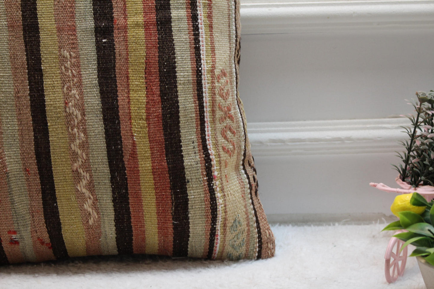 Striped Kilim Pillow Cover: Handmade Organic Wool, Boho Decor (16x16 inc.)