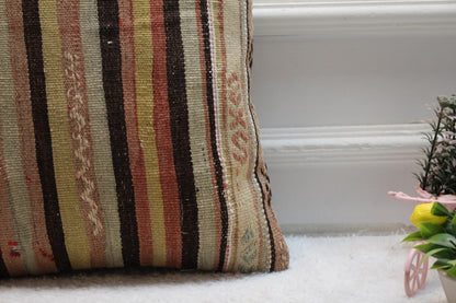 Striped Kilim Pillow Cover: Handmade Organic Wool, Boho Decor (16x16 inc.)