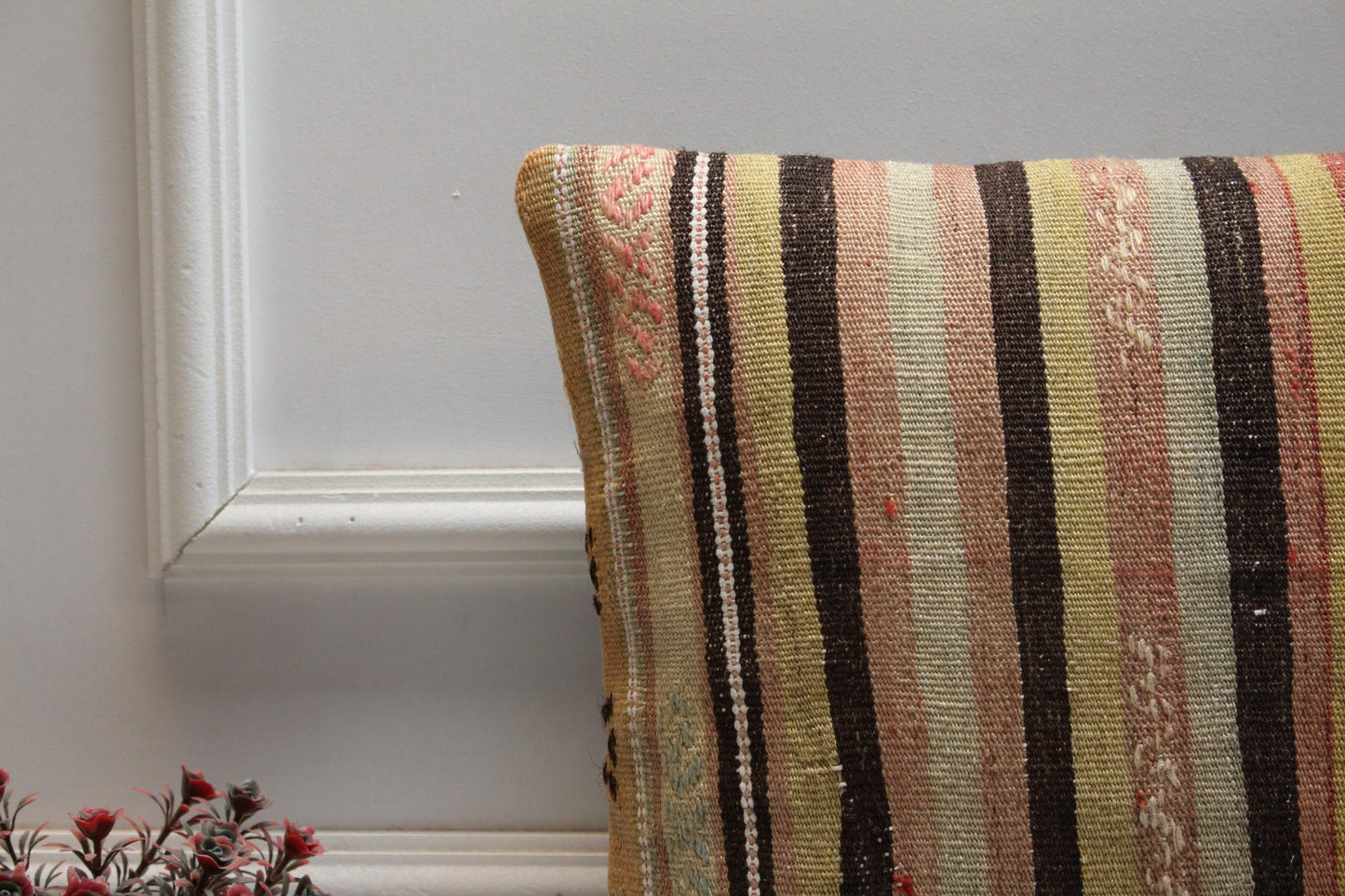 Striped Kilim Pillow Cover: Handmade Organic Wool, Boho Decor (16x16 inc.)