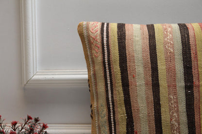 Striped Kilim Pillow Cover: Handmade Organic Wool, Boho Decor (16x16 inc.)