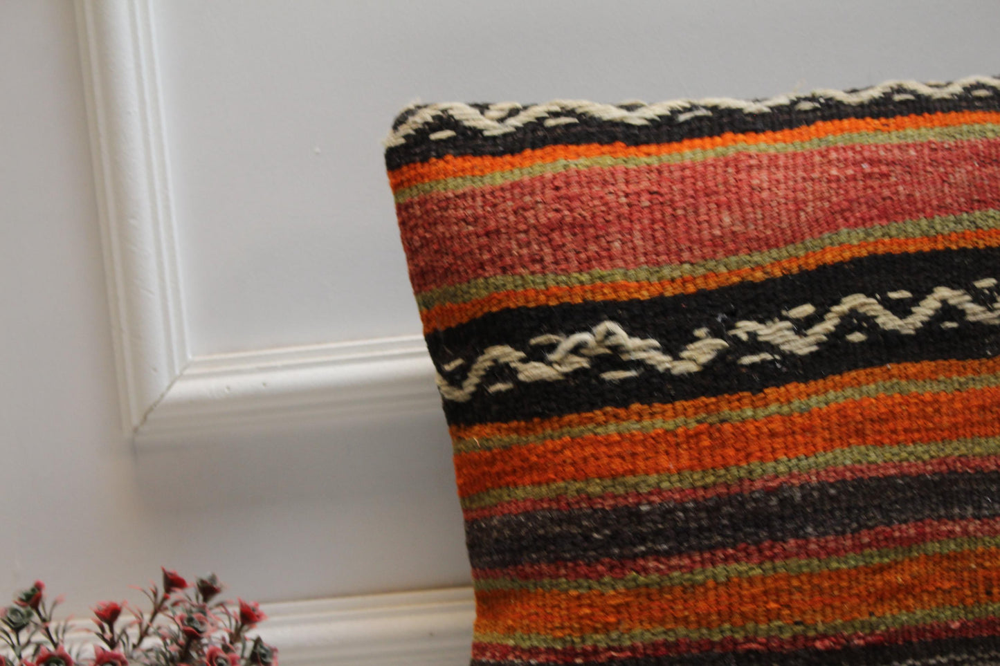Striped Kilim Pillow Cover: Orange Boho Decor (16x16 in)