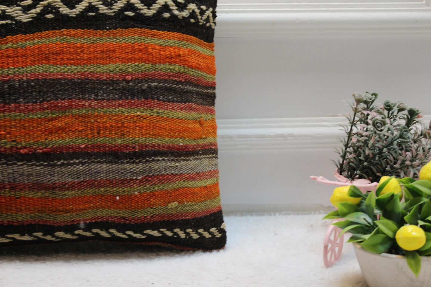 Striped Kilim Pillow Cover: Orange Boho Decor (16x16 in)