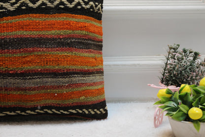 Striped Kilim Pillow Cover: Orange Boho Decor (16x16 in)
