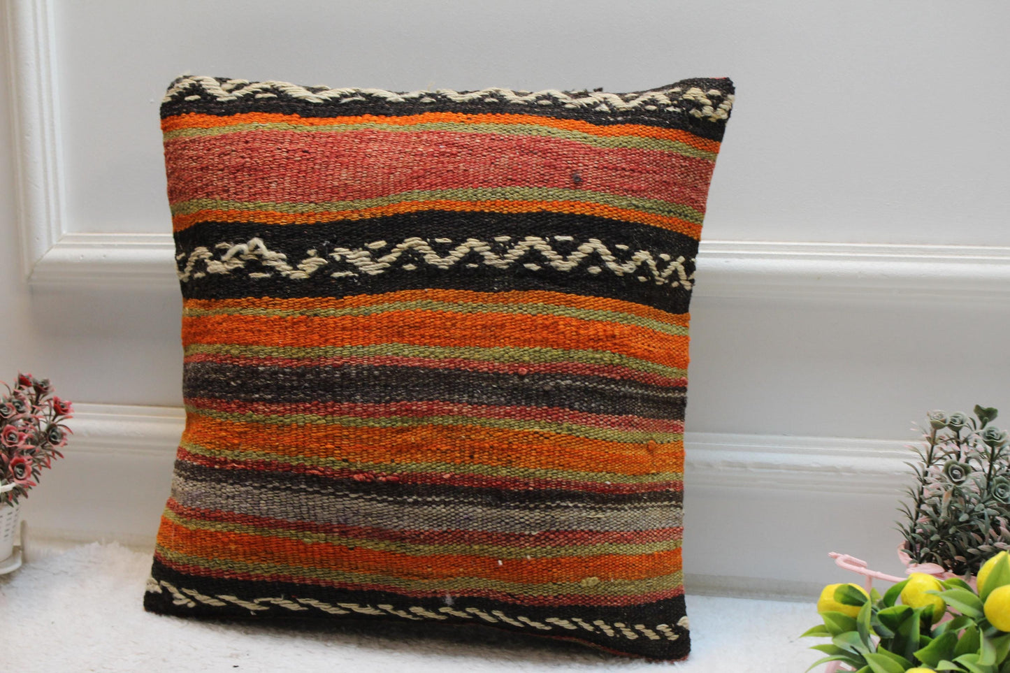 Striped Kilim Pillow Cover: Orange Boho Decor (16x16 in)