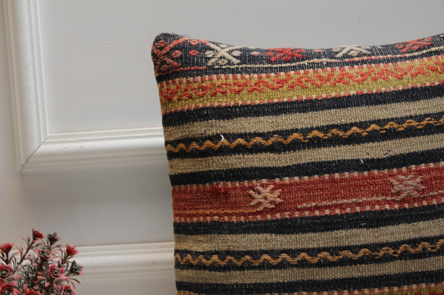Handmade Kilim Pillow Cover: 16x16 Rainbow Striped Woven Rug