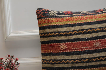 Handmade Kilim Pillow Cover: 16x16 Rainbow Striped Woven Rug