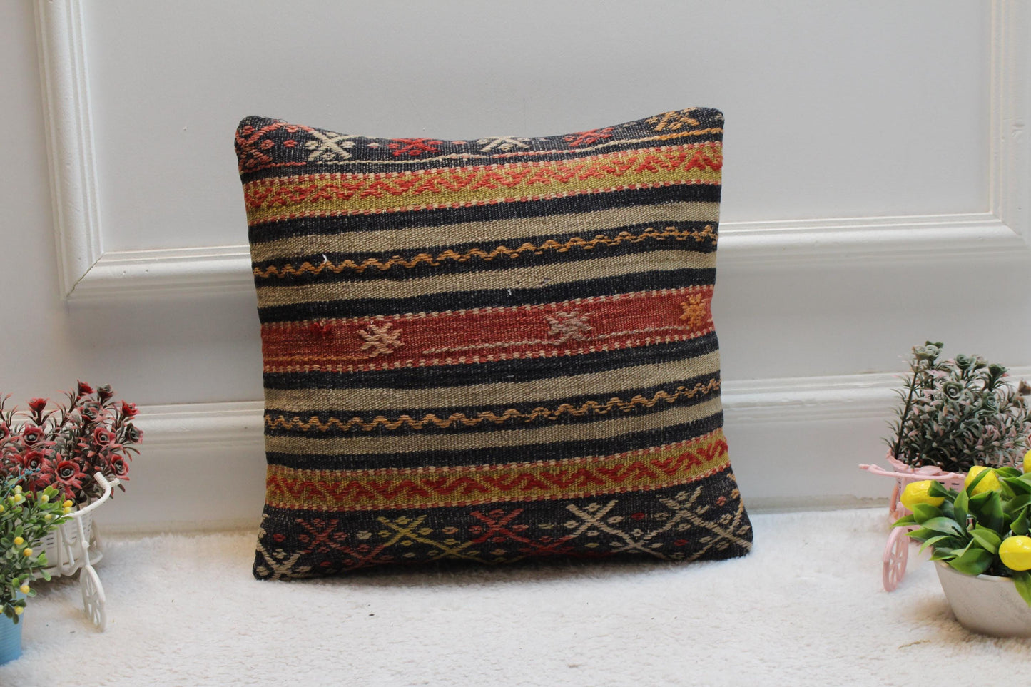 Handmade Kilim Pillow Cover: 16x16 Rainbow Striped Woven Rug