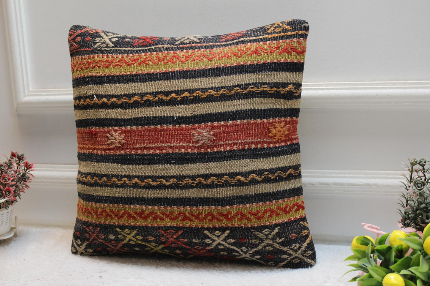Handmade Kilim Pillow Cover: 16x16 Rainbow Striped Woven Rug