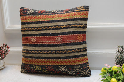 Handmade Kilim Pillow Cover: 16x16 Rainbow Striped Woven Rug