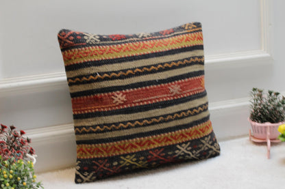 Handmade Kilim Pillow Cover: 16x16 Rainbow Striped Woven Rug