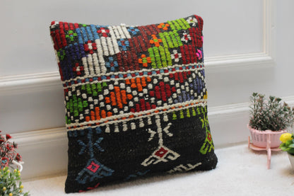 Handmade Kilim Pillow Cover: Organic Wool Striped Design (16x16 inch)