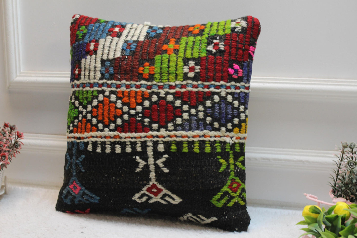 Handmade Kilim Pillow Cover: Organic Wool Striped Design (16x16 inch)