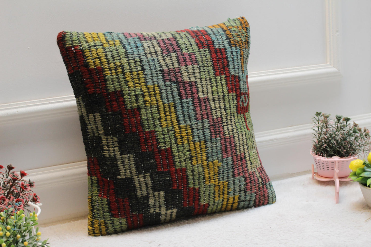 Rainbow Kilim Pillow Cover: 16x16 Square, Handmade Wool Throw Pillow